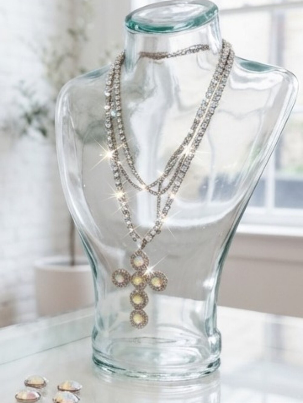 Crystal Multi-Strand Cross Necklace - Silver Tone